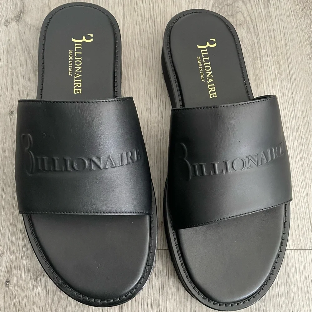 Billionaire Leather Flat Slide Sandals Black size 41 Casual Quiet Luxury